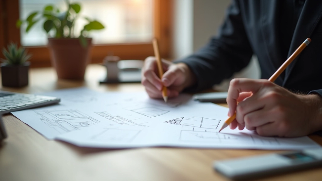 Designer pracující na skicách webového rozhraní s tužkou a notebookem na stole