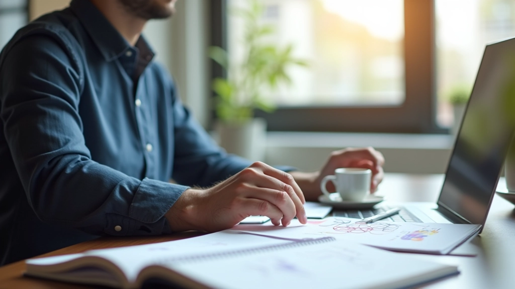 Designer pracující na počítači se skicami webového designu a kávou na stole