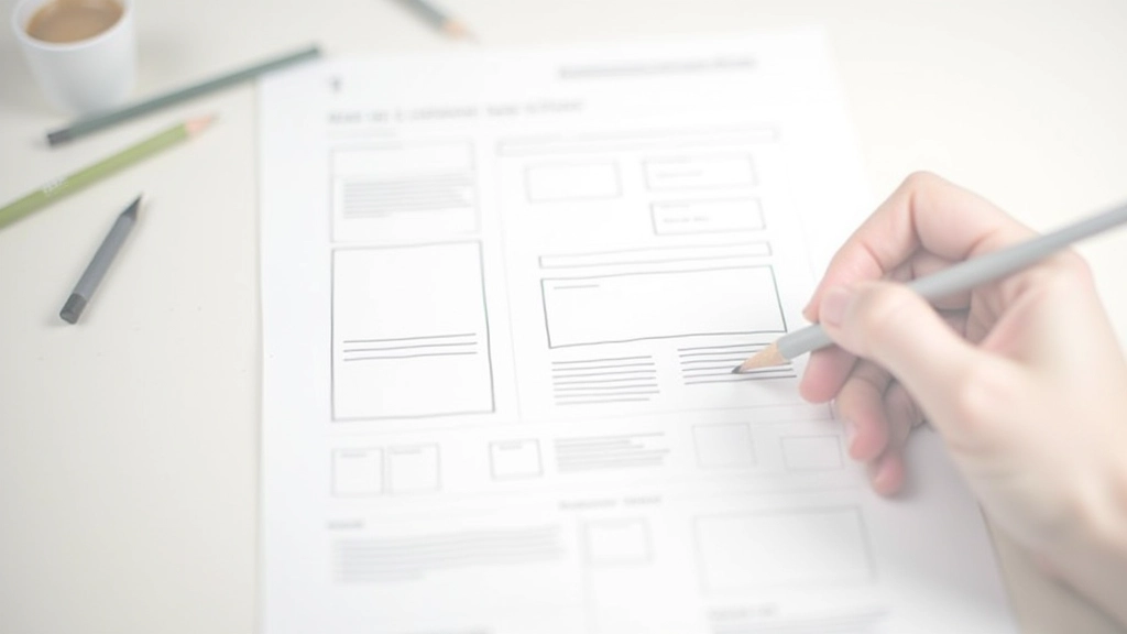 Drátěný náčrt webové stránky zobrazující strukturu s hlavičkou, navigací, obsahem a patičkou